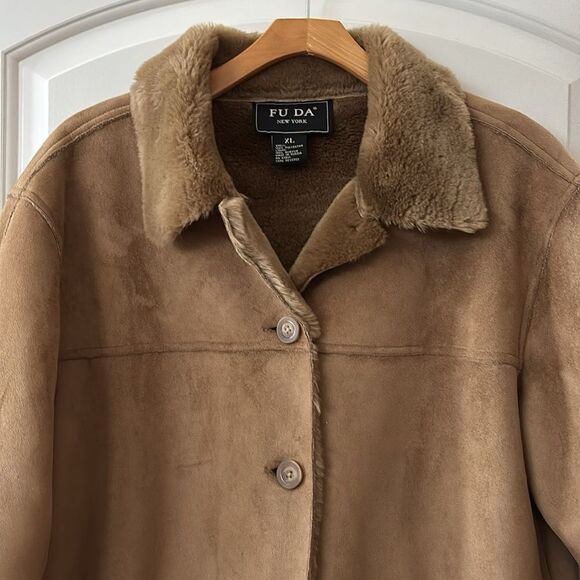 Brown Fur Coat Faux Suede Shearling Jacket women’s XL Penny Lane Y2K vintage - Picture 2 of 8
